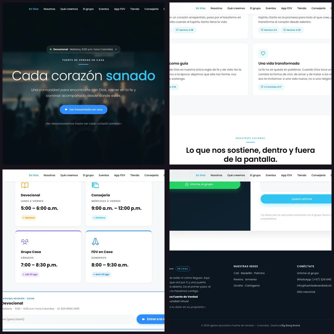 Composición de FDV en Casa con acceso a transmisión en vivo, creencias, agenda semanal y contacto con la comunidad.