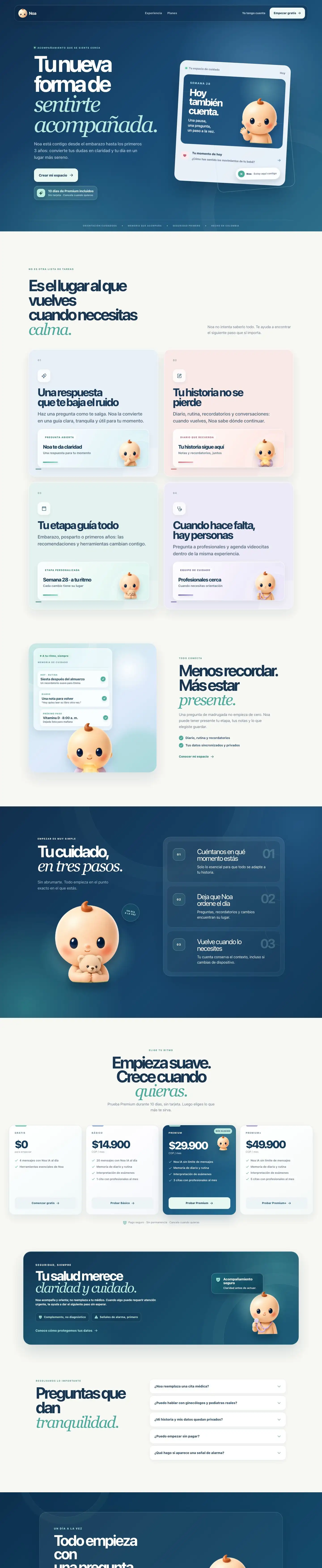 Página de Noa con acompañamiento durante el embarazo, diario, recordatorios y tarjetas de planes.