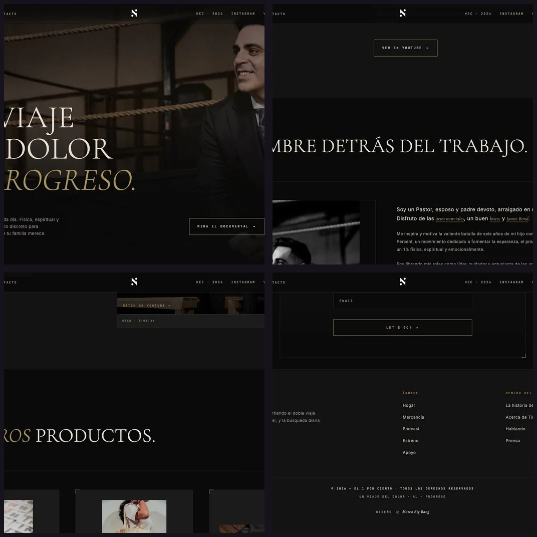 Composición del sitio Uno Porciento con documental, presentación personal, productos y formulario de correo sobre fondo negro.