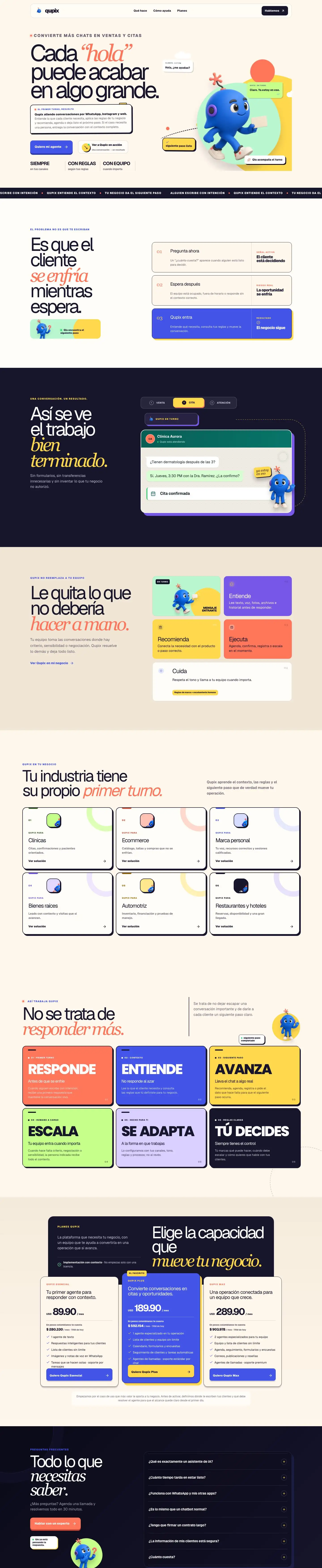 Página de Qupix con su personaje azul, ejemplos de conversación comercial, agenda de citas y planes del agente de IA.