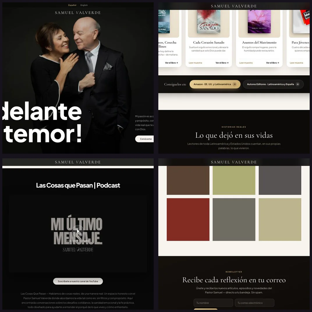Composición del sitio de Samuel Valverde: portada, catálogo de libros, podcast y suscripción al correo.